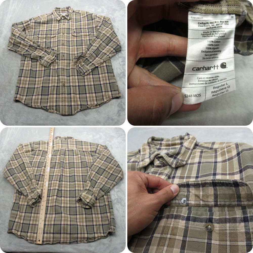 Carhartt Shirt Mens‎ Large Green Plaid Loose Heavyweight Flannel Long Sleeve Y2K